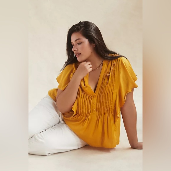 ✨ Anthropologie Ruffled Pintucked Blouse Sz MP - Picture 5 of 8